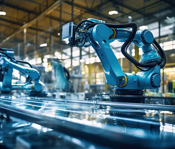 Brazo robótico azul de alta tecnología que simboliza la trayectoria y evolución de Factory en el desarrollo de software industrial desde 1988.