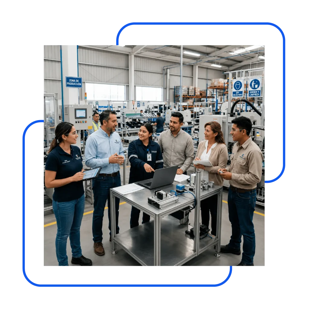 Equipo de ingenieros y operarios utilizando el módulo de manufactura de Factory ERP en una planta industrial en Colombia.